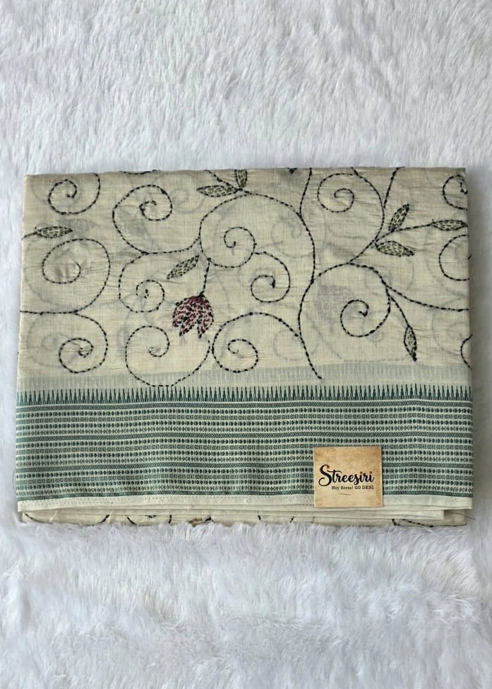 Kantha Work Cream Green Saree