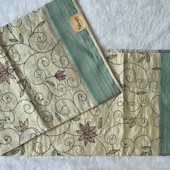Kantha Work Cream Green Saree