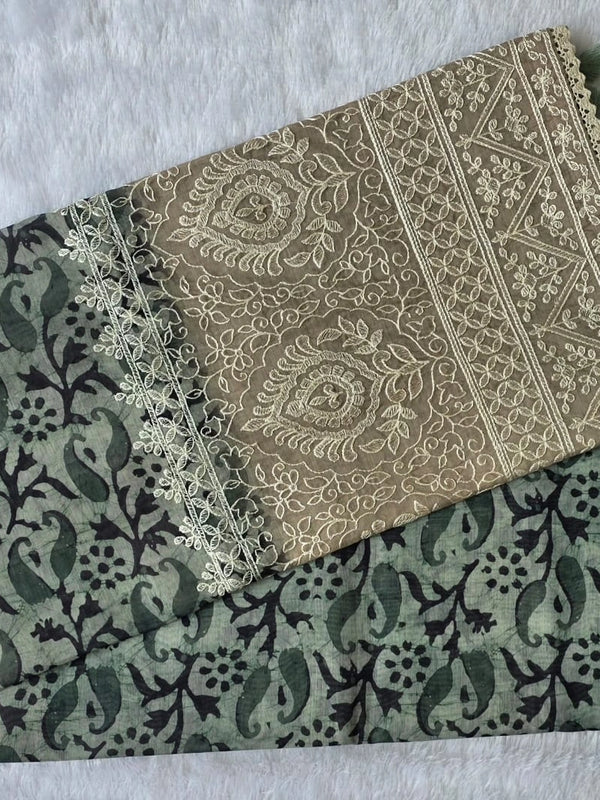 Lucknowi Olive Green Chanderi Saree