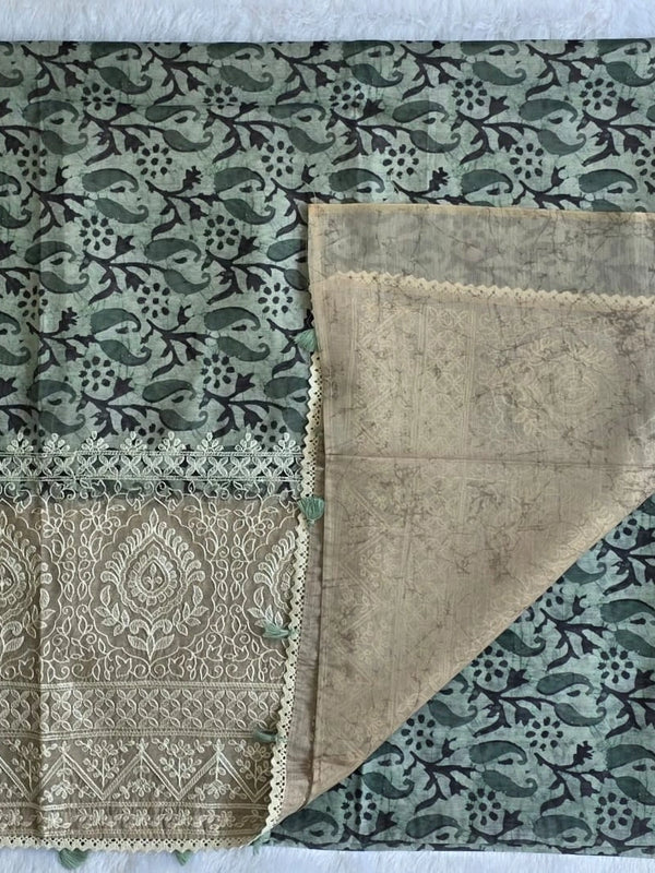 Lucknowi Olive Green Chanderi Saree