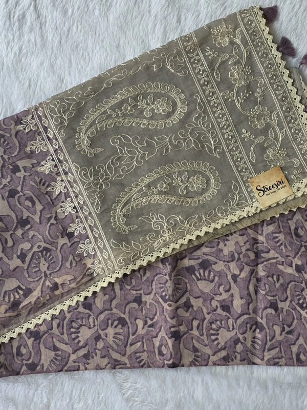 Lucknowi Grey Pink Chanderi Saree