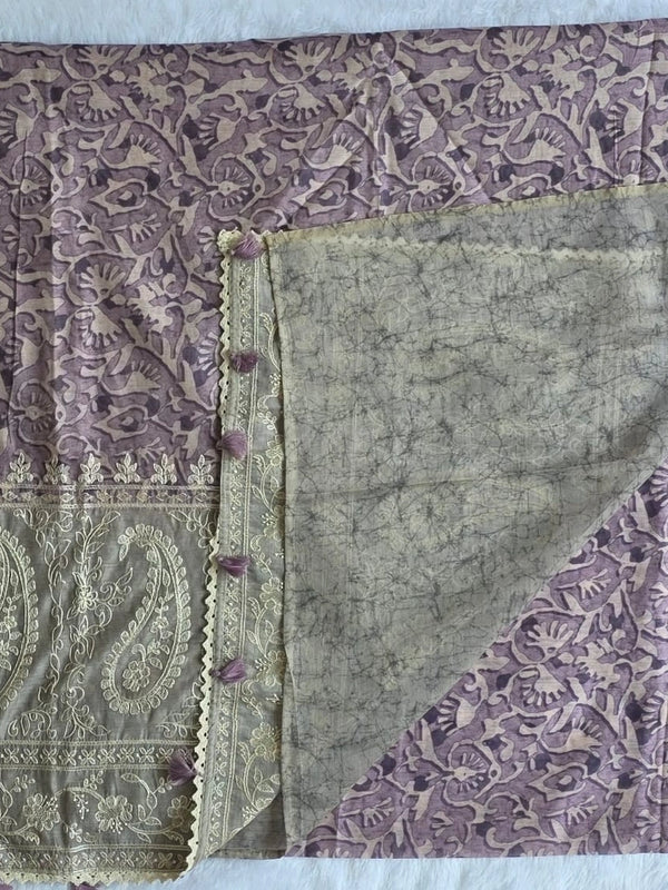 Lucknowi Grey Pink Chanderi Saree