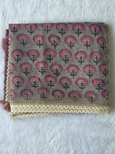 Lucknowi Grey Pink Chanderi Saree