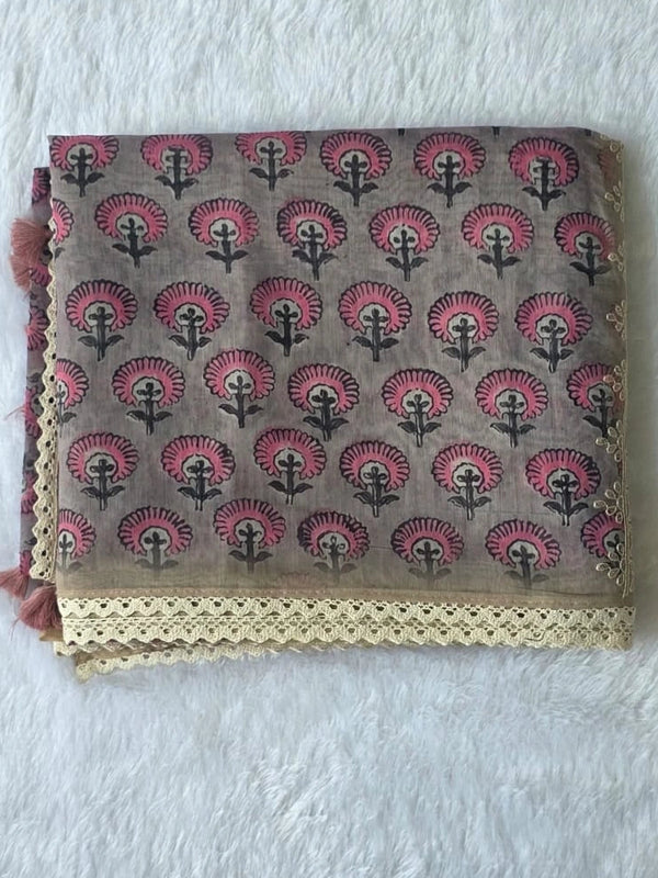 Lucknowi Grey Pink Chanderi Saree