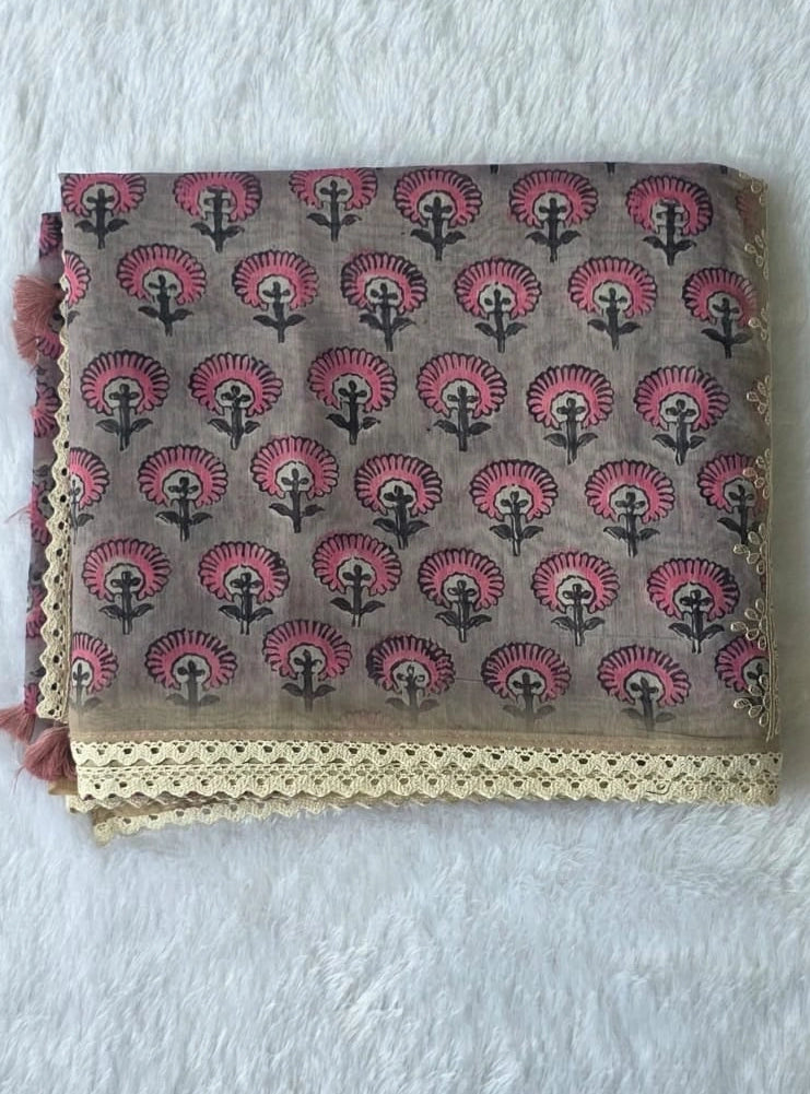 Lucknowi Grey Pink Chanderi Saree