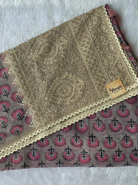 Lucknowi Grey Pink Chanderi Saree