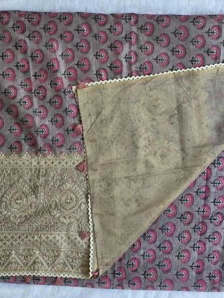 Lucknowi Grey Pink Chanderi Saree
