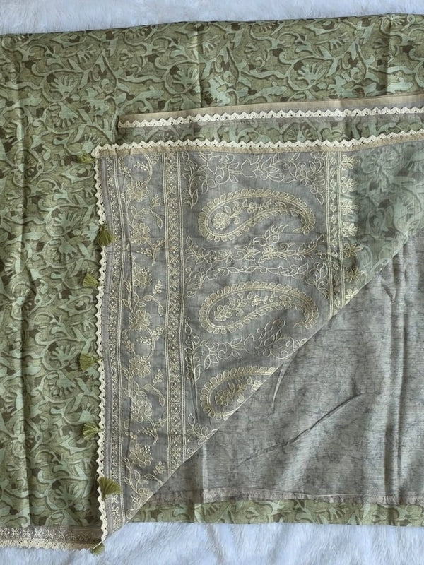 Lucknowi Grey Pink Chanderi Saree