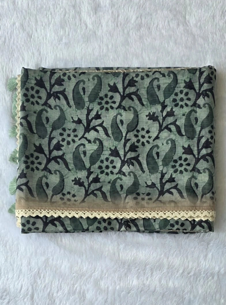 Lucknowi Olive Green Chanderi Saree