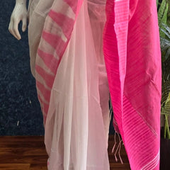 Bengal Temple Border White Pink Cotton Saree