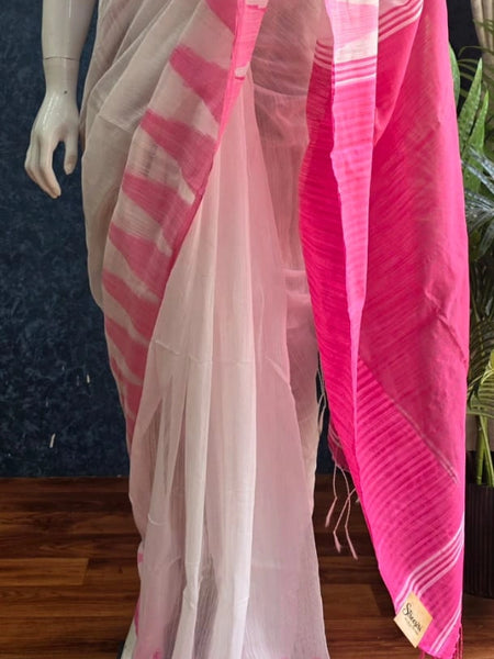 Bengal Temple Border White Pink Cotton Saree