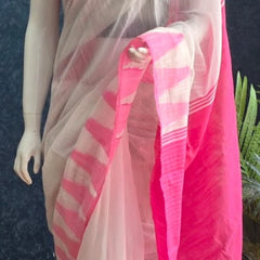 Bengal Temple Border White Pink Cotton Saree