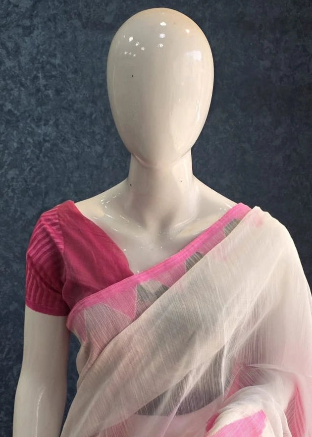Bengal Temple Border White Pink Cotton Saree