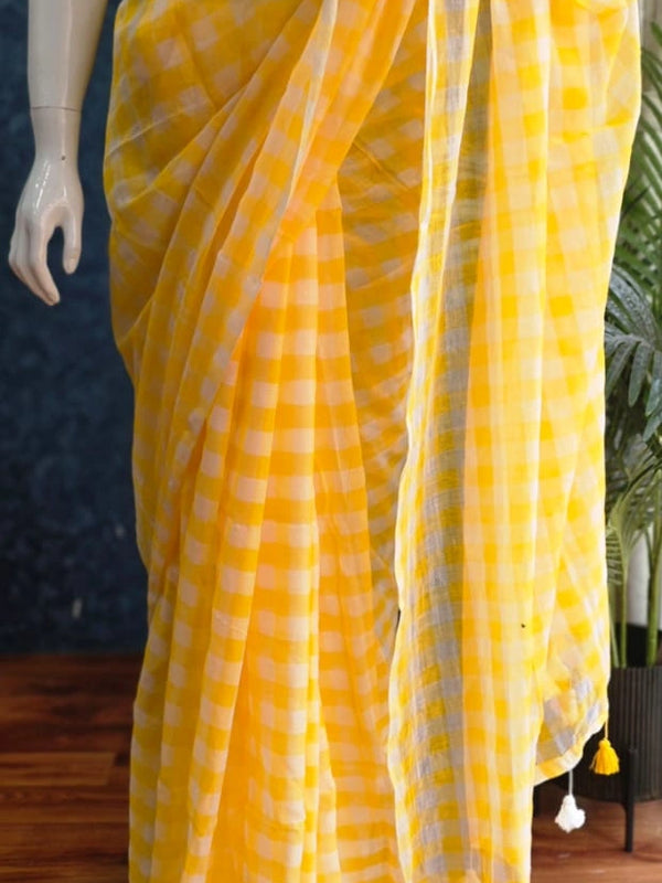 Bengal Checks Yellow Cotton Saree