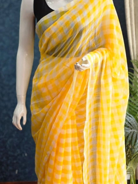 Bengal Checks Yellow Cotton Saree