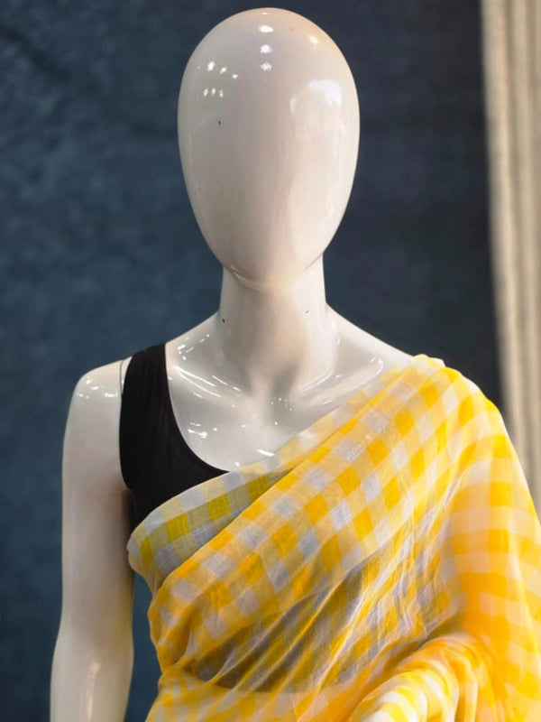 Bengal Checks Yellow Cotton Saree