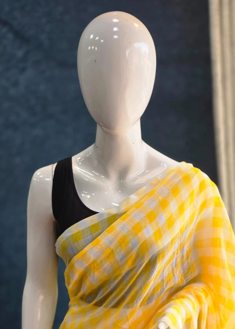 Bengal Checks Yellow Cotton Saree