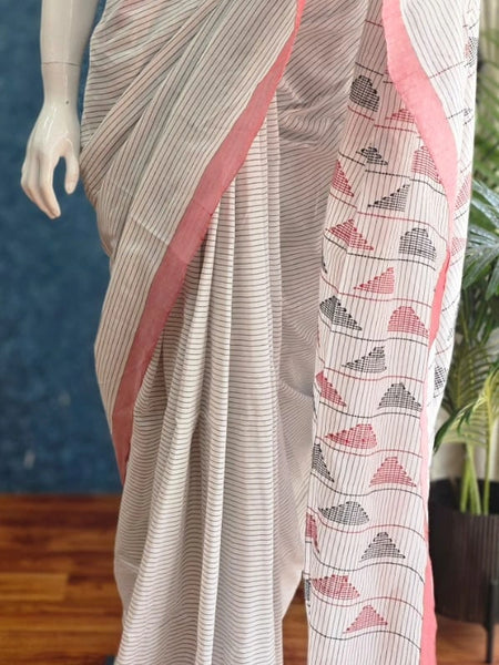 Bengal Stripes White Black Cotton Saree