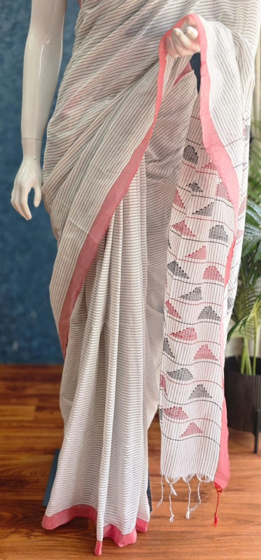 Bengal Stripes White Black Cotton Saree