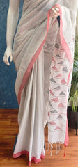 Bengal Stripes White Black Cotton Saree