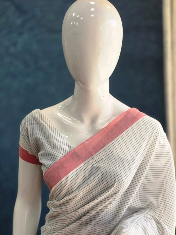 Bengal Stripes White Black Cotton Saree