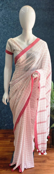Bengal Half White Red Cotton Saree