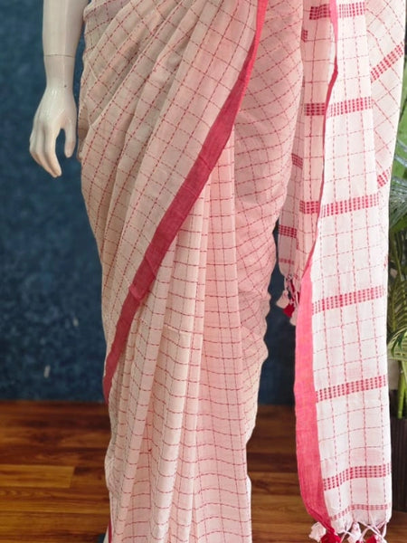 Bengal Half White Red Cotton Saree