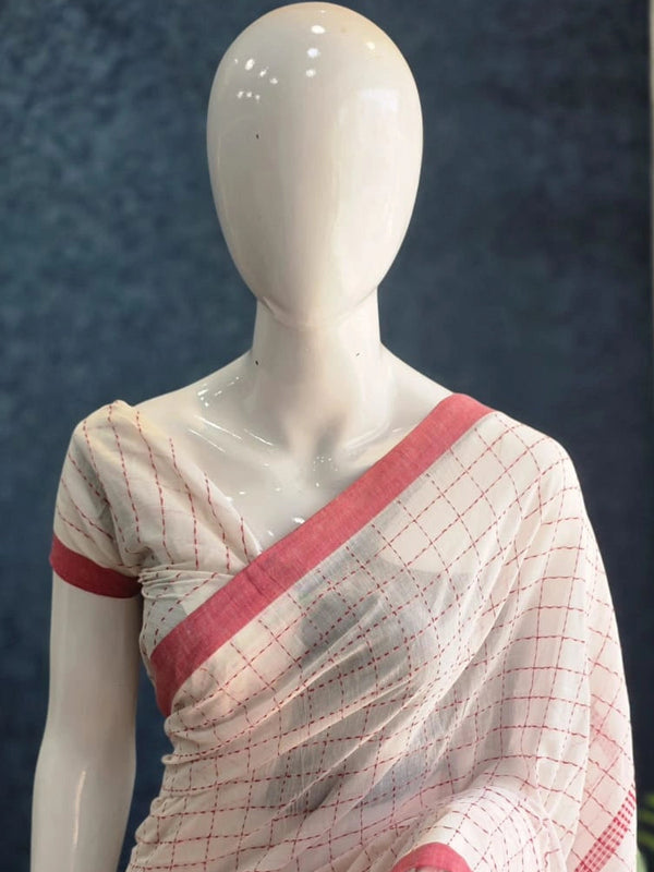 Bengal Half White Red Cotton Saree