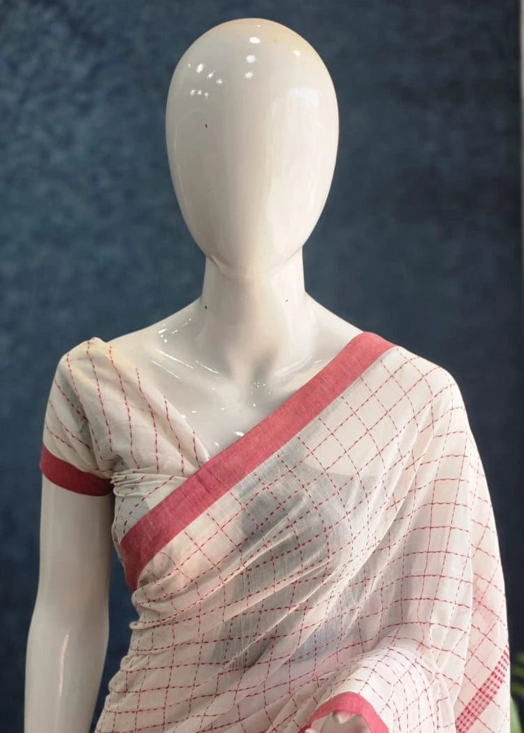 Bengal Half White Red Cotton Saree