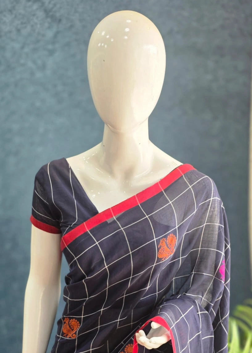 Bengal Navy Blue Cotton Saree