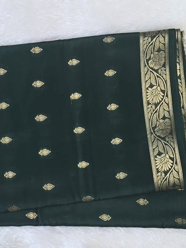 Self  Bottle Green Semi Crepe Silk Saree