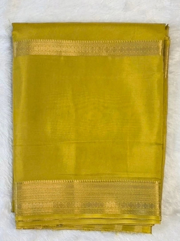 Self Yellow Semi Crepe Silk Saree