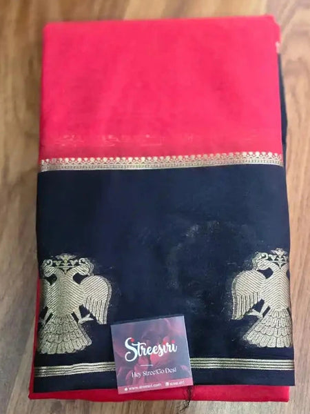 Gandaberunda Motifs  Red and Black Crepe Silk Saree