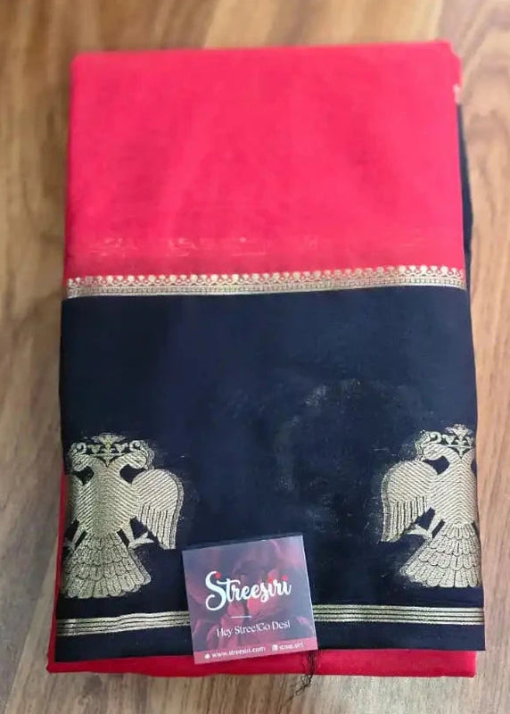 Gandaberunda Motifs  Red and Black Crepe Silk Saree