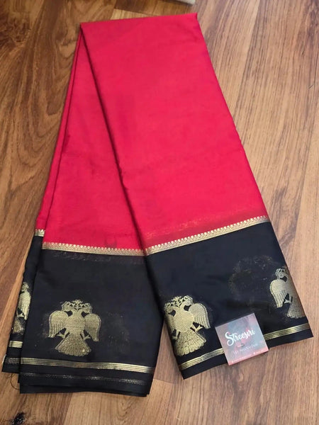 Gandaberunda Motifs  Red and Black Crepe Silk Saree