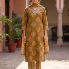 Mustard printed cotton 3 piece set