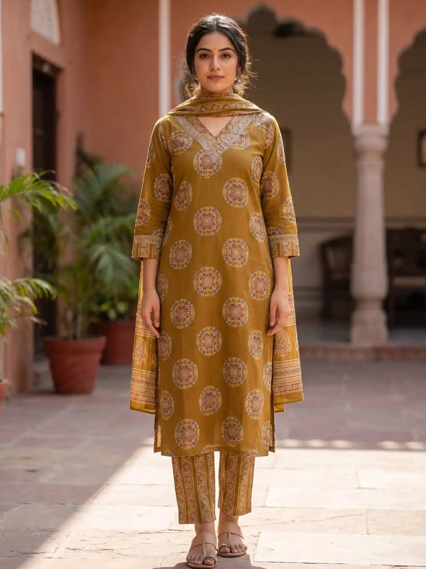 Mustard printed cotton 3 piece set