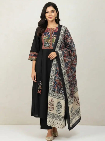 Black Multi colour embroidered 3 piece cotton set