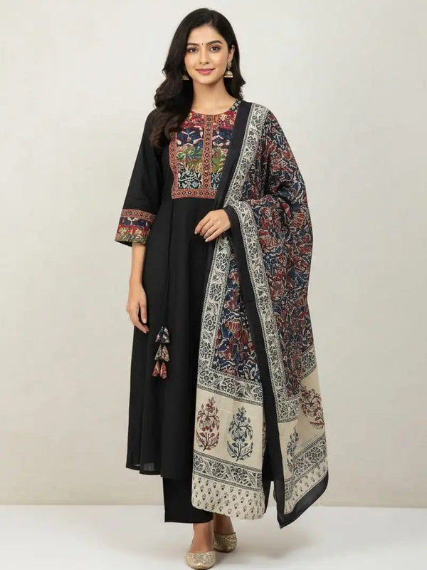 Black Multi colour embroidered 3 piece cotton set