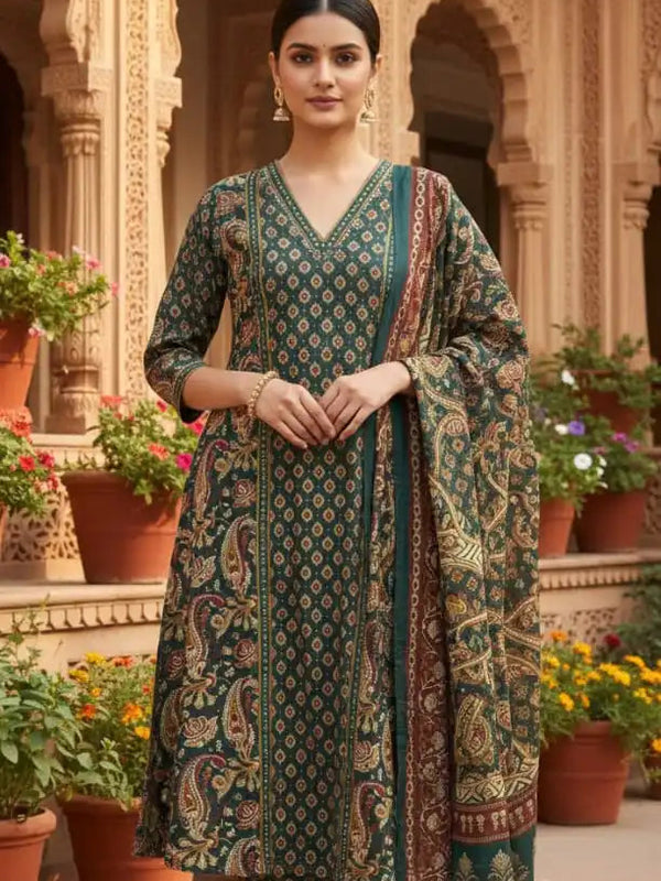 Dark green ajrakh printed cotton 3 piece set