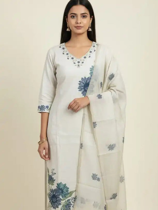 Off white floral printed cotton 3 piece set