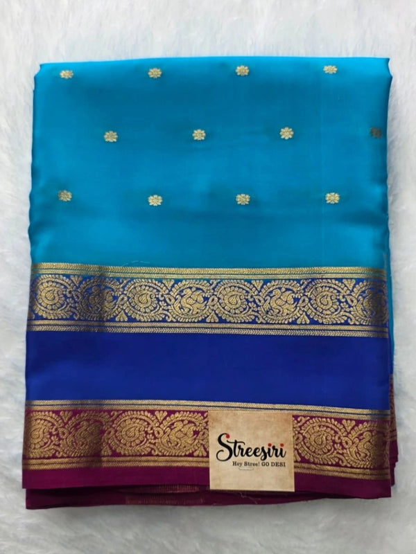 Pure Mysore Crepe 3D Blue Royal Blue Pink Silk Saree