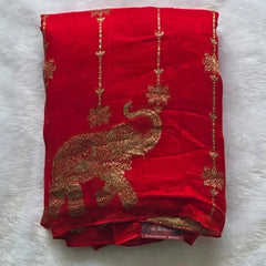 Floral Elephant Red Semi Silk Saree