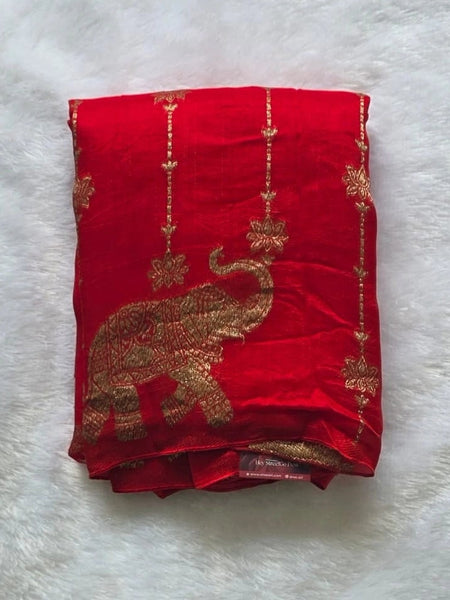 Floral Elephant Red Semi Silk Saree