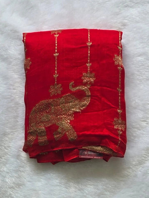 Floral Elephant Red Semi Silk Saree