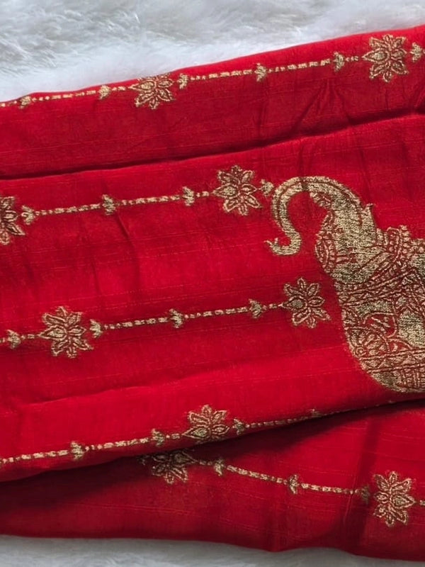Floral Elephant Red Semi Silk Saree