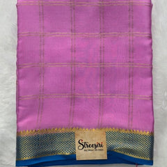 Pure Mysore Crepe Pink Blue Checks Silk Saree