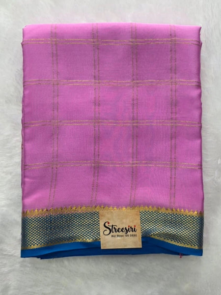 Pure Mysore Crepe Pink Blue Checks Silk Saree
