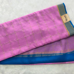 Pure Mysore Crepe Pink Blue Checks Silk Saree