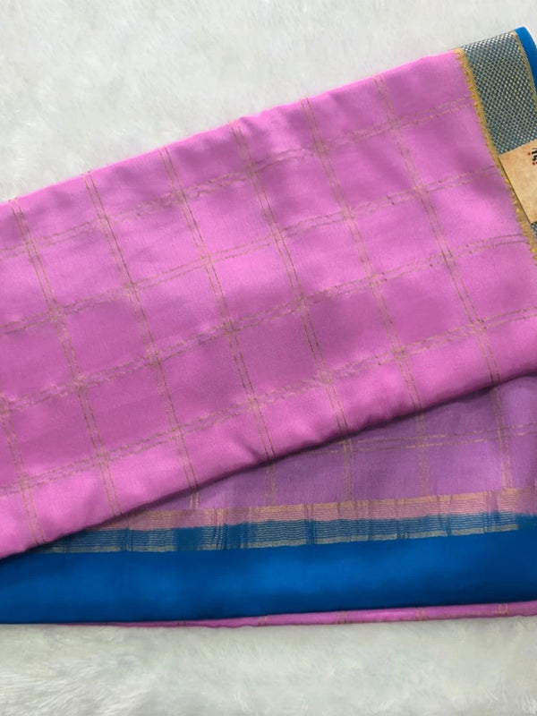Pure Mysore Crepe Pink Blue Checks Silk Saree